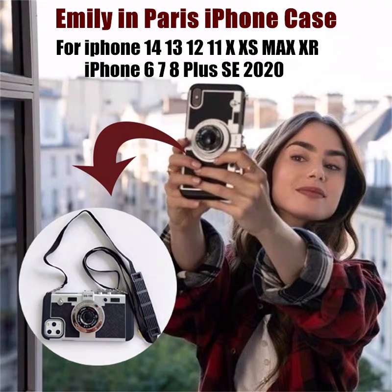 Capa De Iphone 3D Retro Camera Emily Em Paris Para 14 13 12 11 Pro Xs Max X Xr 8 7 Plus Se Luxuosa Anti-Impacto Traseira Com Cordão