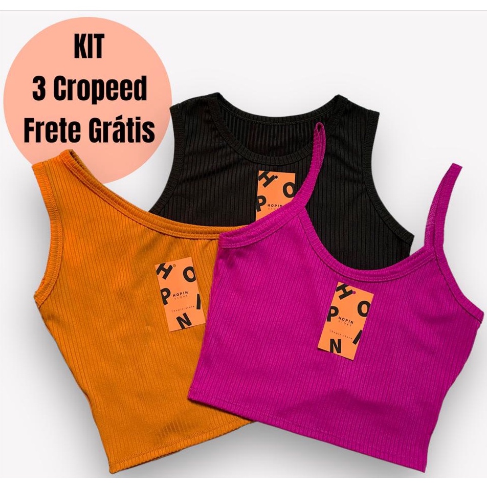 KIT 3 Top Cropped Alcinha Básica Croped Alça Malha Canelada Blusinha Feminina Cropeed Varias Cores