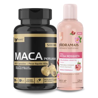 Kit Maca Peruana 120 Cápsulas + Óleo de Rosa Mosqueta c/ Colágeno 120Ml Hidramais