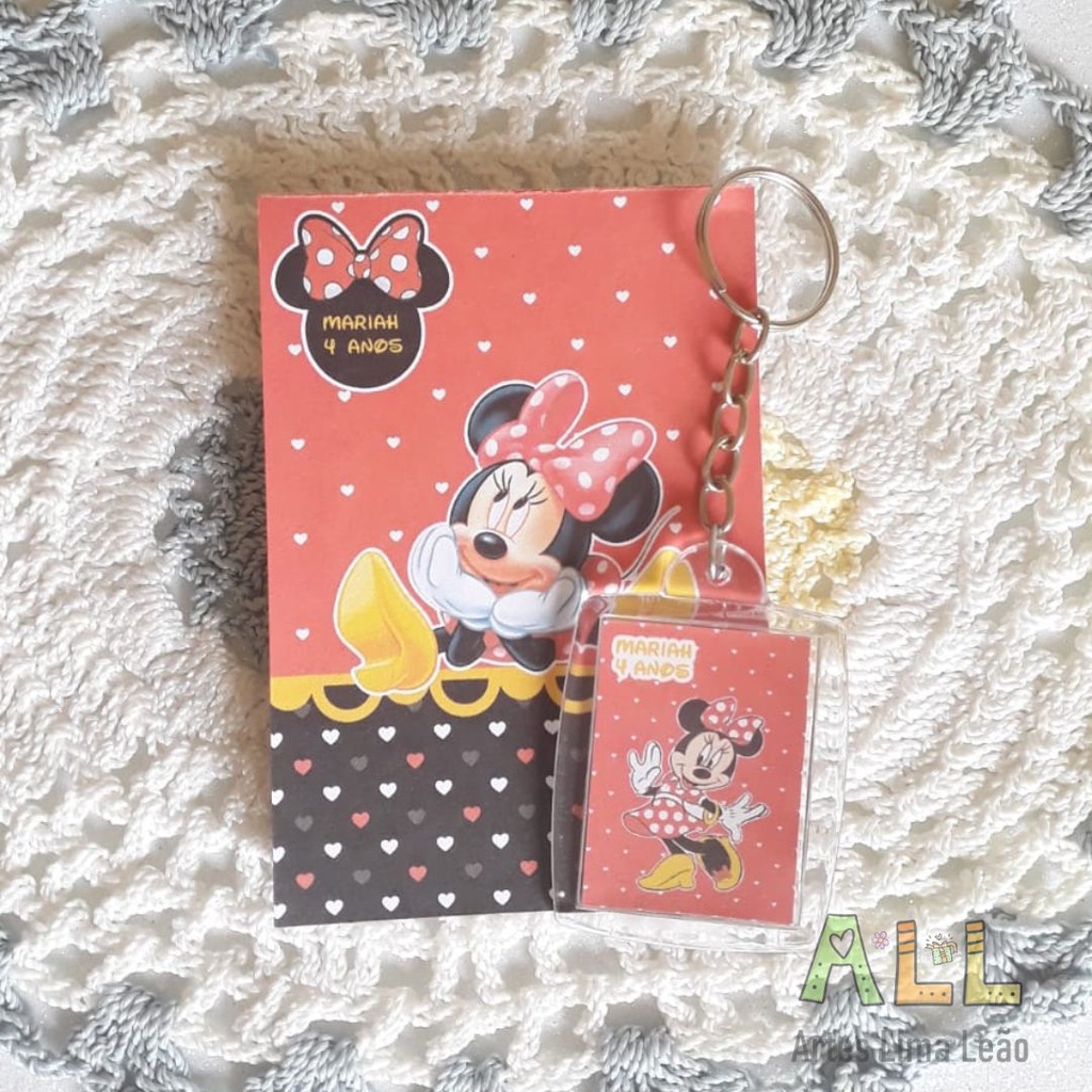 Combo 10 Bloquinhos + 10 Chaveiros Personalizados Minnie _ Kit Lembrancinhas ( Aniversário, Maternidade, Chá de Bebê, Chá de Casa Nova, Casamento, etc.)