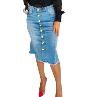 Saia Jeans Evangélica Midi Evasê com Botões Cintura Alta