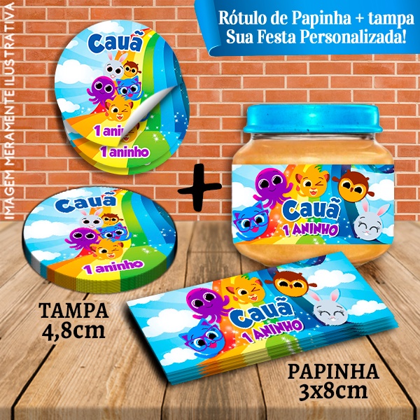 Kit com 10 pares Rótulos Adesivos de Potes e Tampas de Papinha 120g Bolofofos