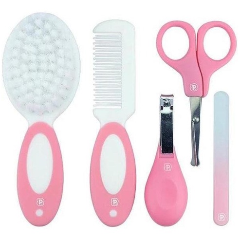Kit Higiene Bebê 5 peças rosa Cortador de unha, Tesoura, Lixa, pente e escova pimpolho