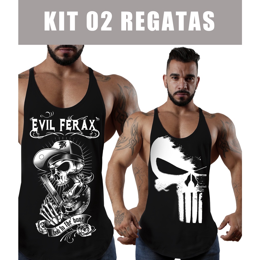 Kit 2 Regatas Cavadas Masculina musculção Caveira