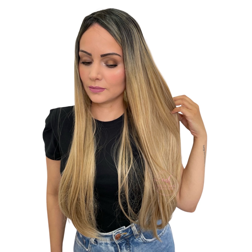 Peruca De Fibra Organica Ombre Mel Com Franja 60cm