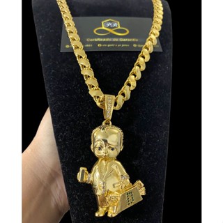 corrente cordão friso s 8mm e pingente poderoso chefinho liga de moeda antiga banhada a ouro 18k 10 milésimos