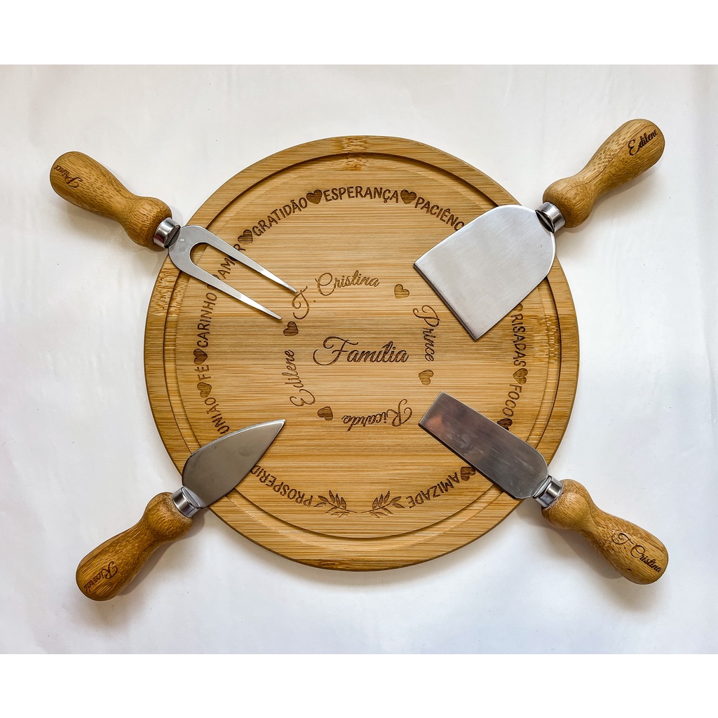 Kit p/queijo redondo em Bambu/Inox 30cm 5 pçs Personalizado Presente para o Dia das Mães