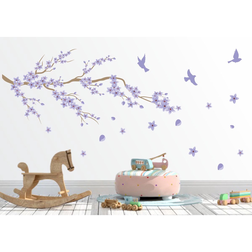 Adesivo Decorativo de Parede Galho de Cerejeira Lilás Papel de Parede Árvore Folhas Florais