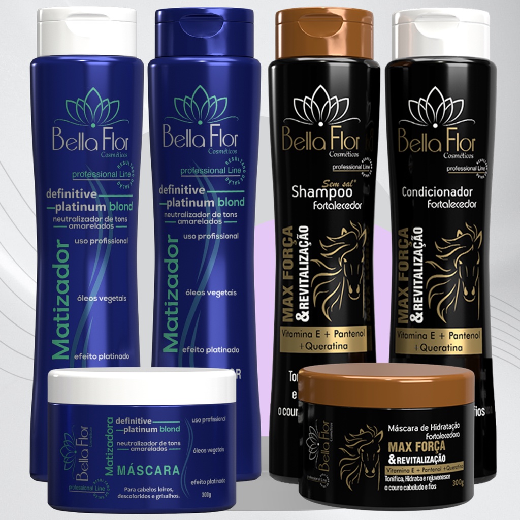 2Kits Capilar Matizador e Força 6 Produtos (2 Shampoos, 2 Condicionadores e 2 Mascaras) Profissionais - Bella Flor