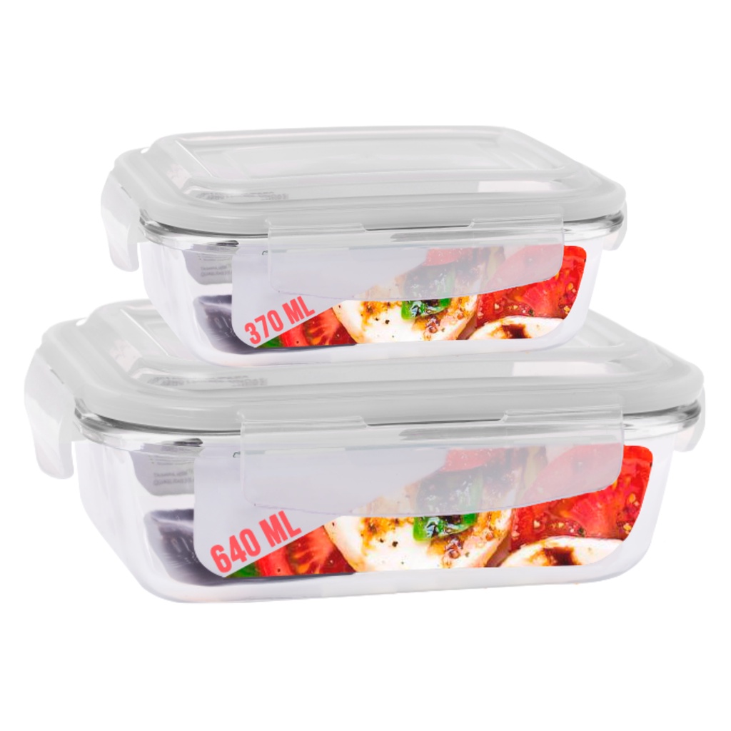 Kit 2 Potes de Vidro Hermetico 2 Tamanhos Retangular Marmita