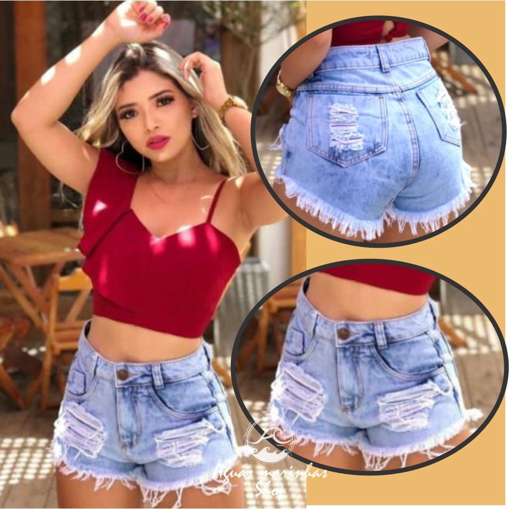 Bermuda Short Jeans Luxo Feminino Cintura Alta Hot Pants Destroyed Shopee Brasil