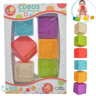 Cubos para Empilhar e Mordedor Brinquedo Educativo Pais e Filhos