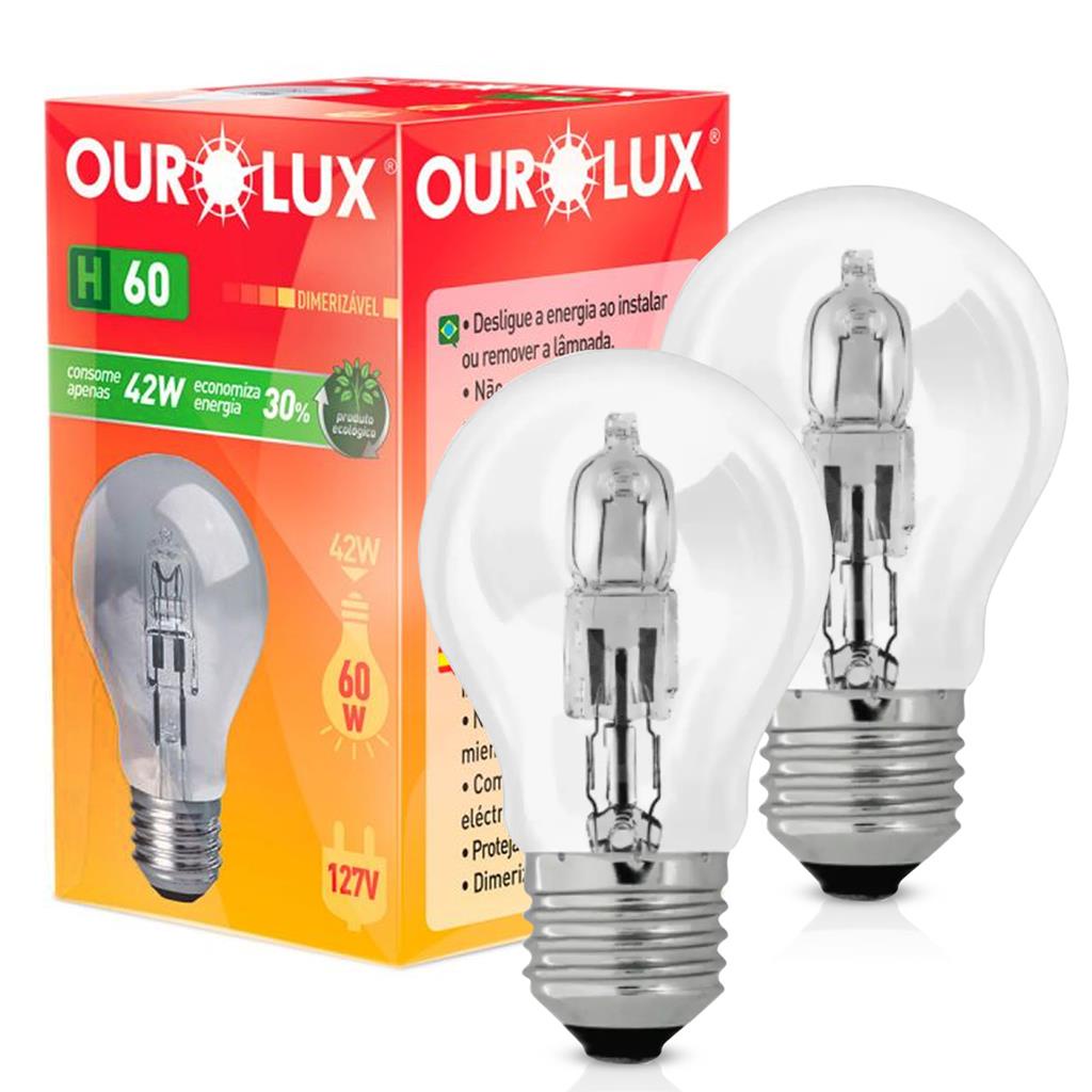 Kit 2 Lampadas Eco Halogena Clara H60 42W 127V E27 Ourolux em Oferta na Shopee