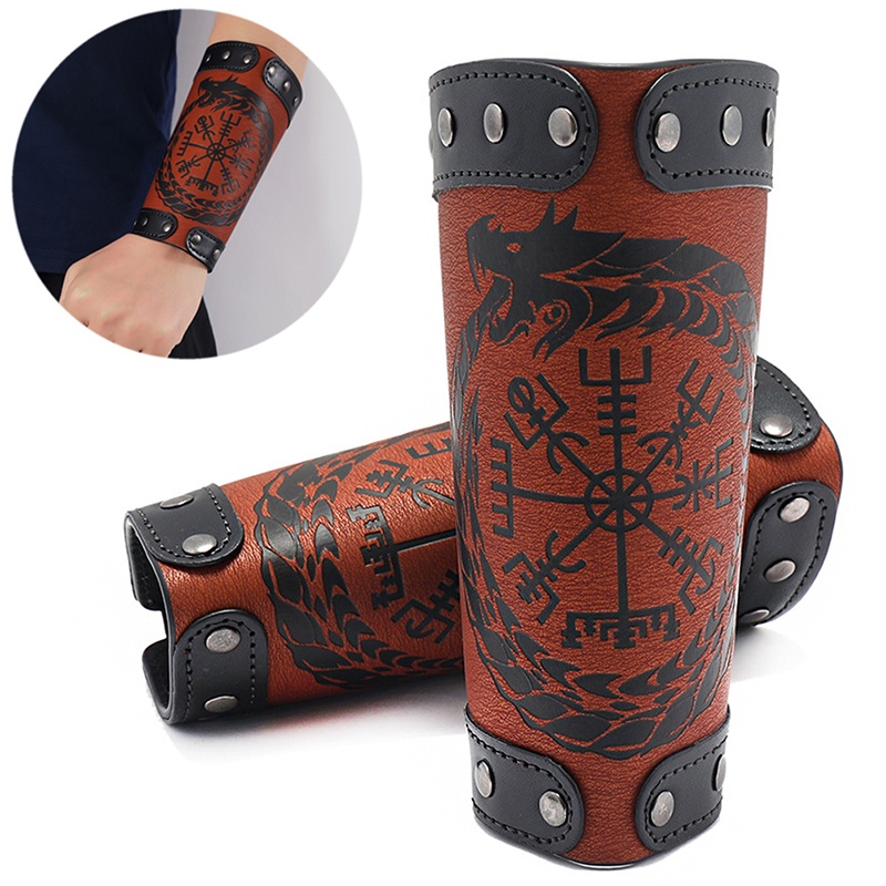Odin Símbolo De Runes Largo Bangle Nordic Viking Compasso Punk Dragon Head Pulseira De Couro Homem Presente
