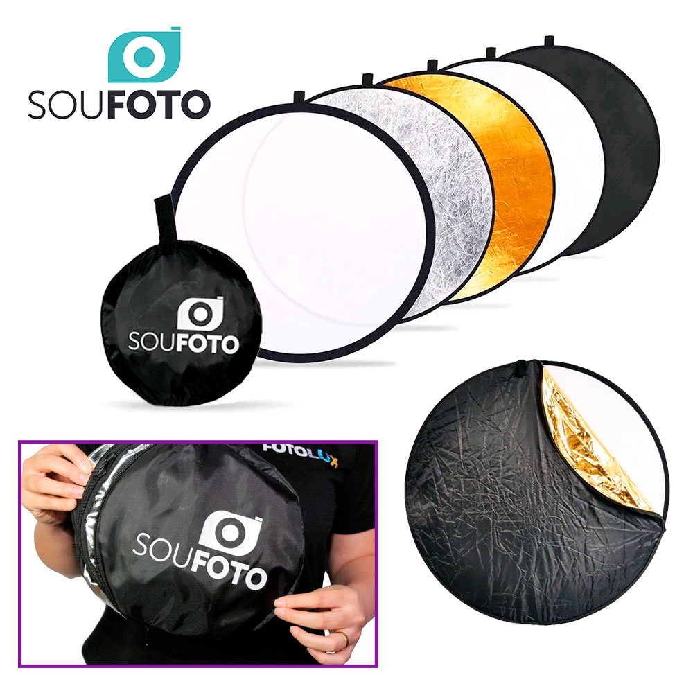 Rebatedor Fotográfico 5 em 1 Sou Foto com Bolsa Transporte | Cor Branco Difusor Prata Dourado Preto