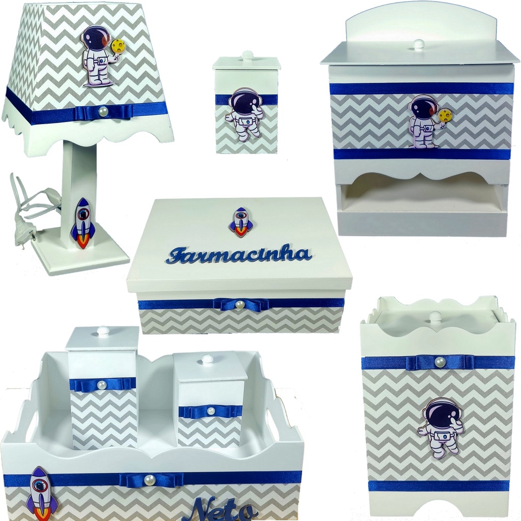 Kit Higiene bebê de madeira Mdf 8 peças Astronauta Azul Chevron Cinza