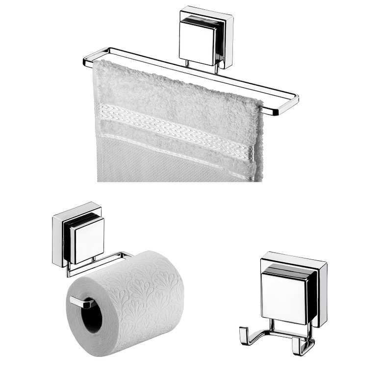 kit banheiro ventosa cromado 3 peças toalha rosto, papel, cabide Future Praticitá Mix