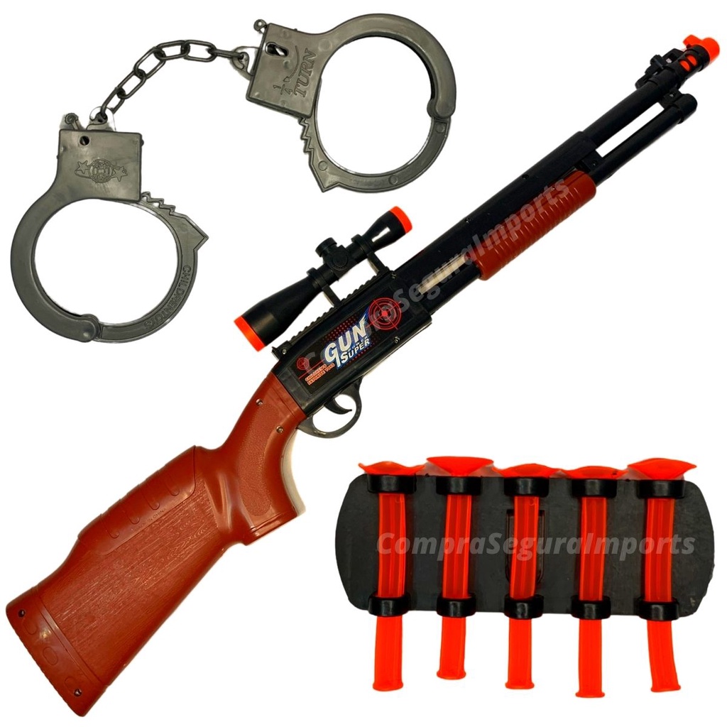 Sniper De Brinquedo Espingarda Atira Dardos Shotgun + Algema