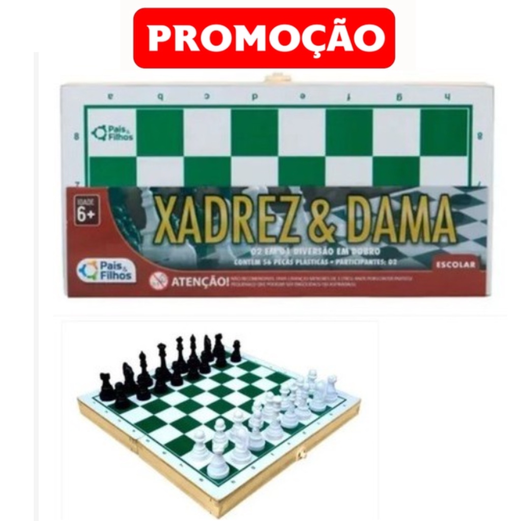 Jogo De Xadrez & Dama 2x1 - Tabuleiro Em Madeira Com Peças Plásticas 27 x 13 x 5 cm - Pais e Filhos
