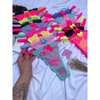 Calcinha Fio Rendada Kit 7 Peças Neon Com regulagem