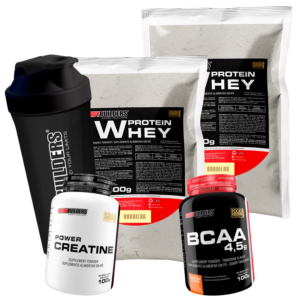 Kit 2x Whey Protein 500g + BCAA 4,5 100g + Power Creatina 100g + Coqueteleira - Bodybuilders em Oferta na Shopee