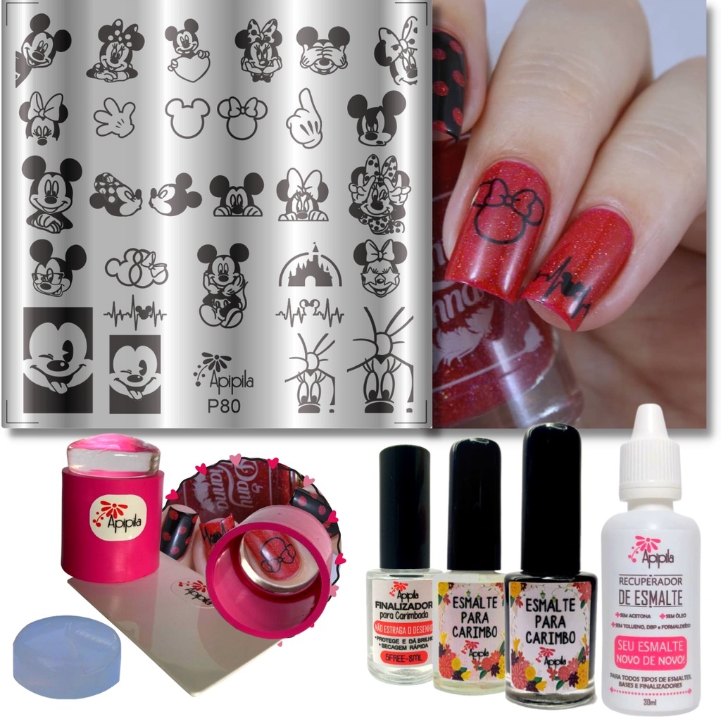Kit Placa e Carimbo de Unhas Apipila - Tema Mickey e Minnie Mouse - 2 Esmaltes - Finalizador e Recuperador de Esmaltes