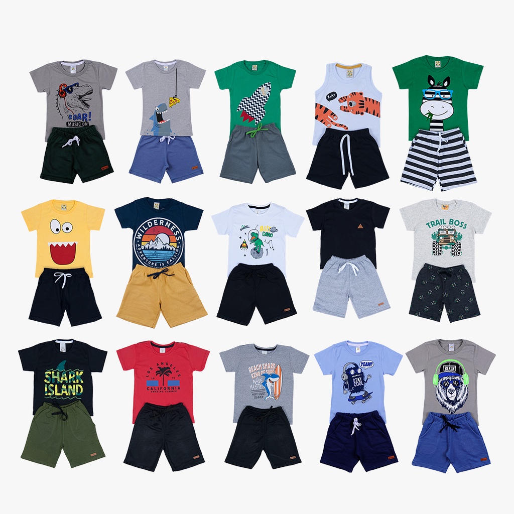 Kit 10 Peças de Roupas Infantil Sortido Menino- 5 Camisetas + 5 Bermudas - Promoção - Kit com 5 Conjuntos de Roupa Infantil Menino Verão Masculino Bebe Atacado Barato