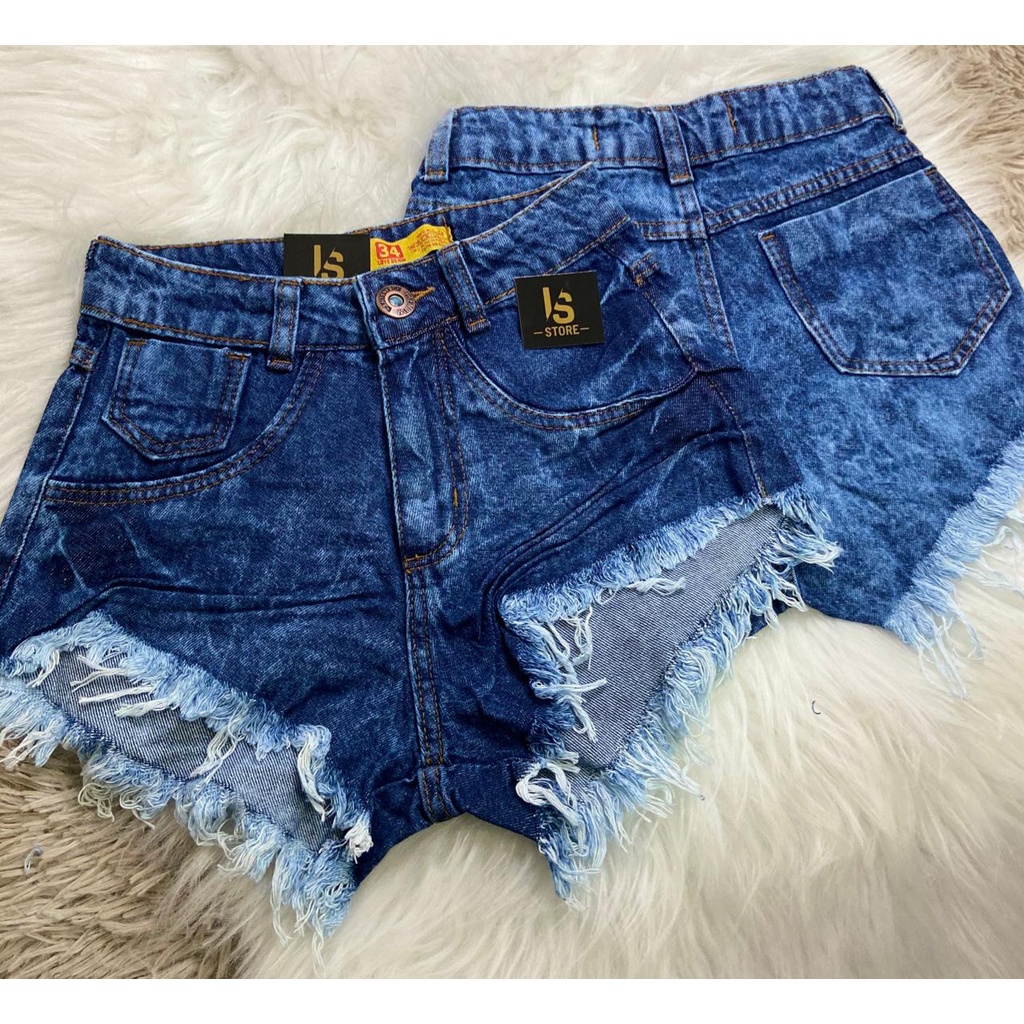 Shorts Jeans Feminino Cintura Alta Hot Pants Destroyed Lacinho Cós Alto