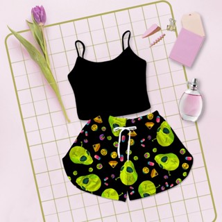 Cropped Preto Kit Pijama Feminino Estampa Alien Preto