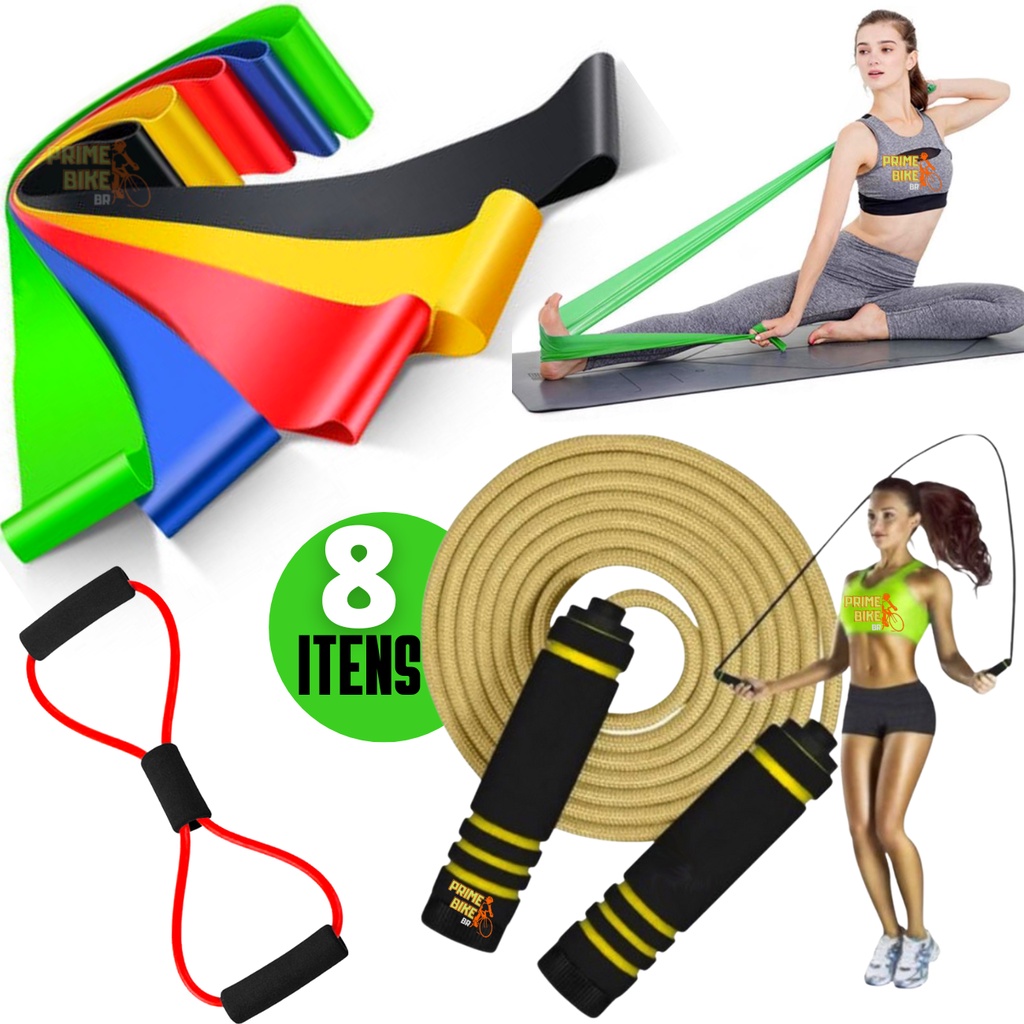 Kit 5 Elástico de Treino Mini Band + Faixa Elástica Band + Corda de Pular + Elástico Extensor Exercício Funcional