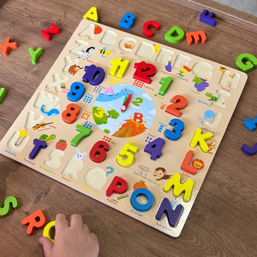 Brinquedo Pedagógico Relógio de Encaixe Alfanumérico MDF em Oferta na Shopee