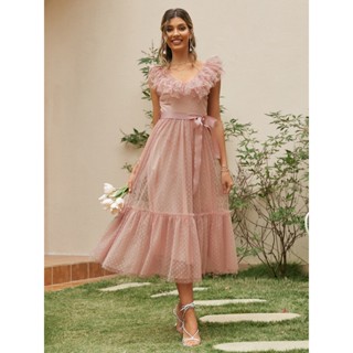Vestido De Verão Tule Em V Festa Feminino Sem Mangas Cor-De-Rosa