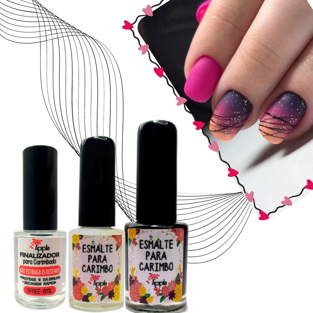 Kit Esmaltes Para Carimbo de Unhas Apipila - Esmaltes Preto/Branco/Finalizador de Carimbadas