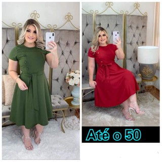Vestido Plus Size Rodado Botoes E Mangas Moda Evangélica Social Verde