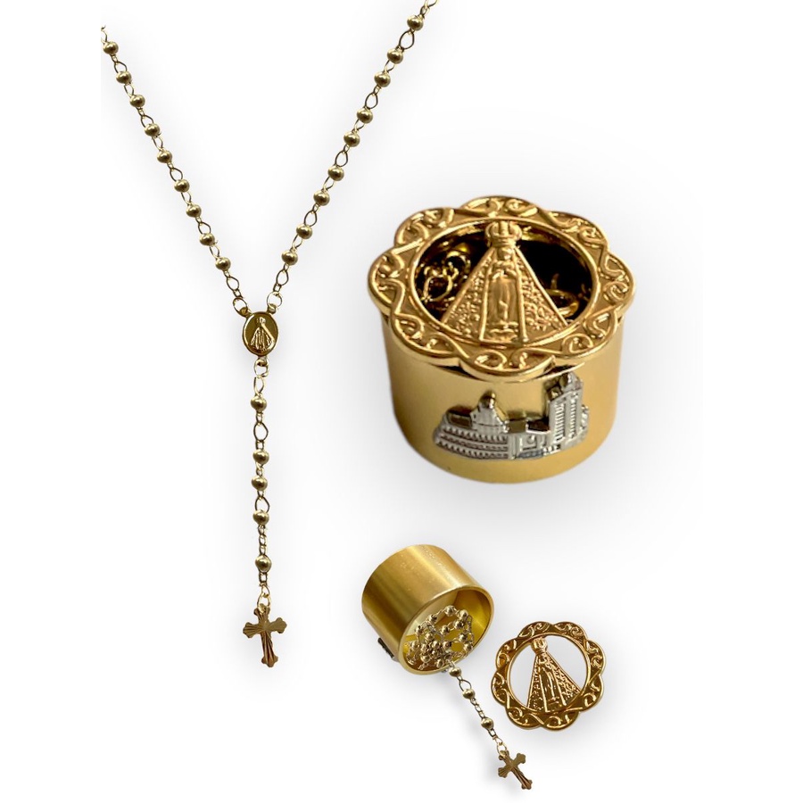Terço Relicário Nossa Senhora Aparecida Dourado em Oferta na Shopee