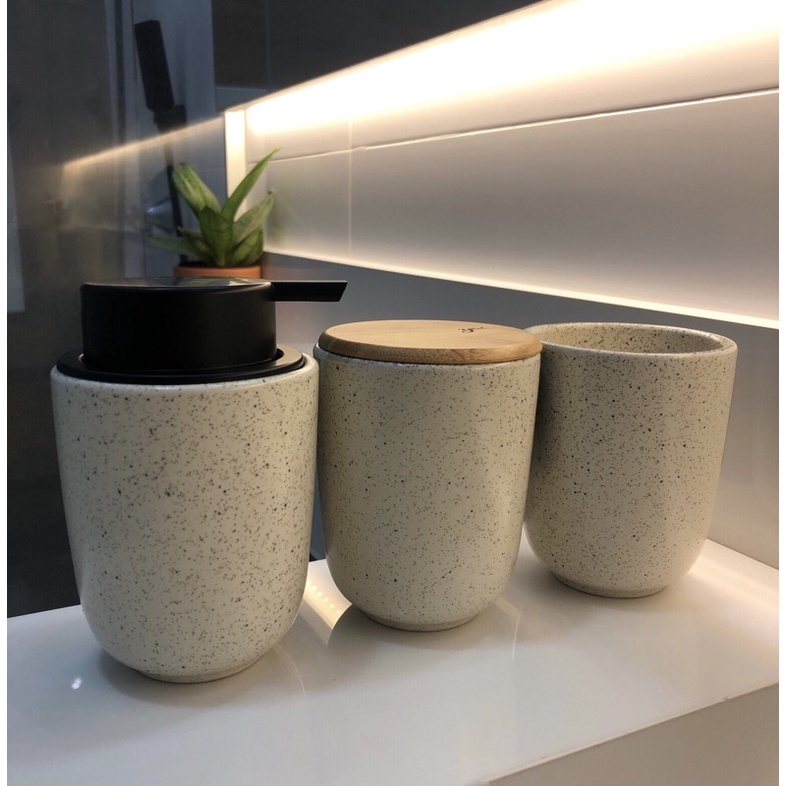 Kit Banheiro Cerâmica Luxo Dispenser Porta Sabonete Líquido Porta Escova Copo e pote Lavabo Decoração Moderna Preto