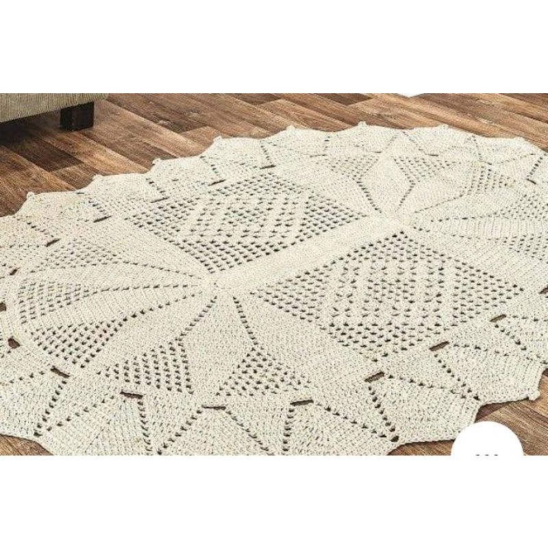 Tapete de barbante em crochê oval para sala cor crú