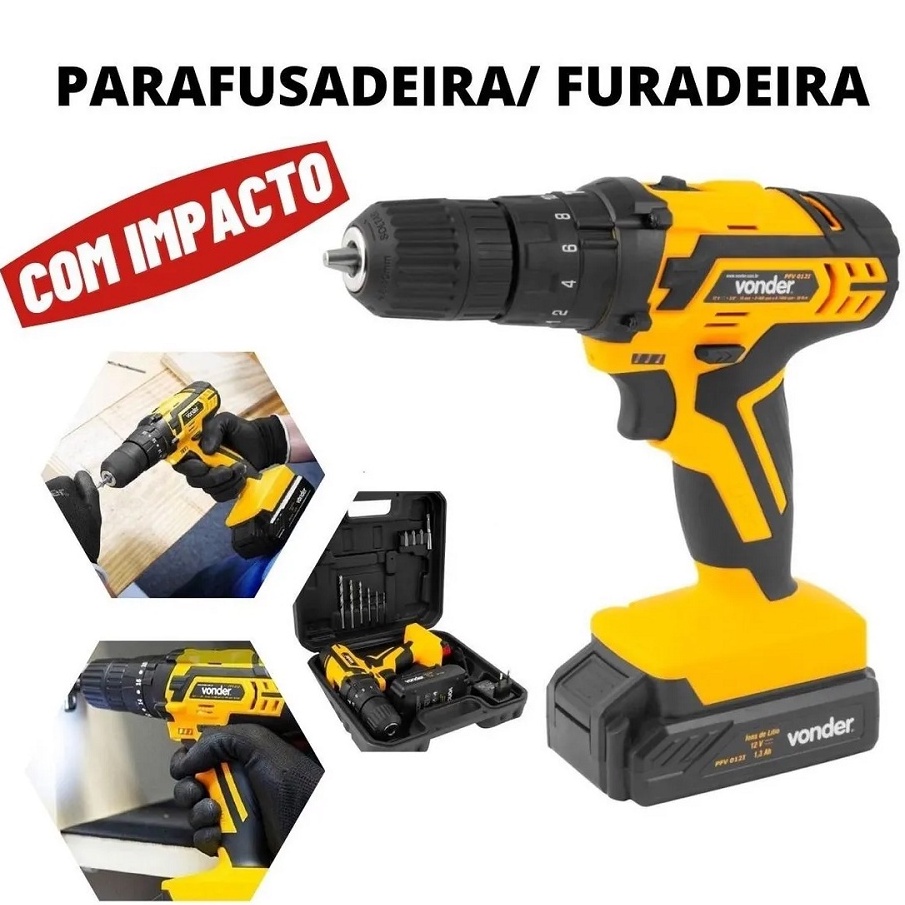 Furadeira Parafusadeira VONDER C/ Impacto 3/8 12V a Bateria Carregador BIVOLT PFV012I + Kit Brocas, Bits e Trena 5M, Garantia de Fábrica, Furadeira Vonder, Parafusadeira Vonder, Furadeira com Impacto