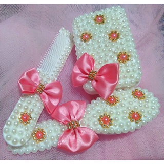 kit escova, pente e saboneteira customizado com perolas rosa e branco em Oferta na Shopee