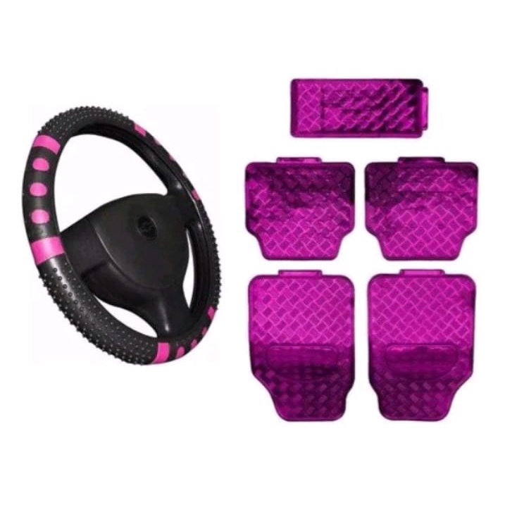 KIT JOGO DE TAPETE CROMADO ROSA 5 PÇS + CAPA DE VOLANTE MASSAGEADORA PERTA E ROSA