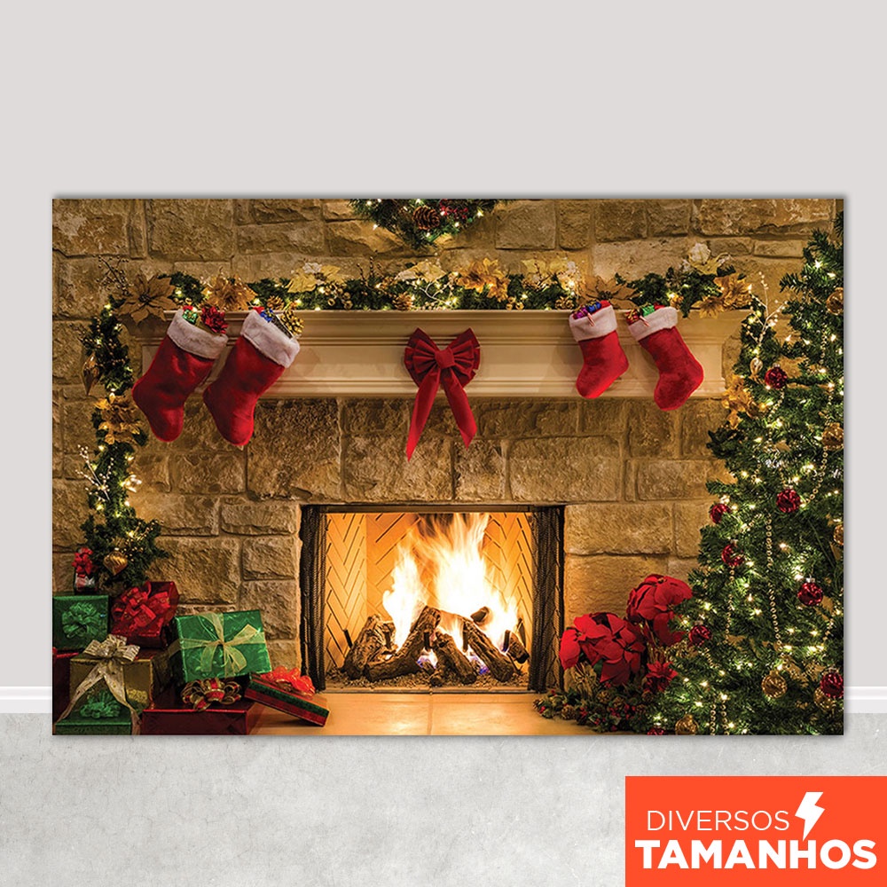 Painel Fundo Fotográfico Natal Cenário Lareira de Natal Decorativa Foto Em Tecido Sublimado - FNT-67