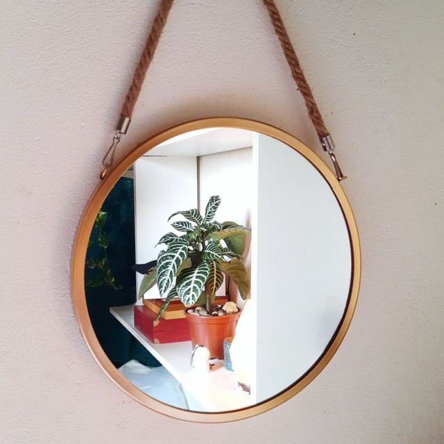 Espelho Redondo Decorativo Suspenso Moderno Com Corda Decoração Enfeite Para Casa, Sala, Quarto