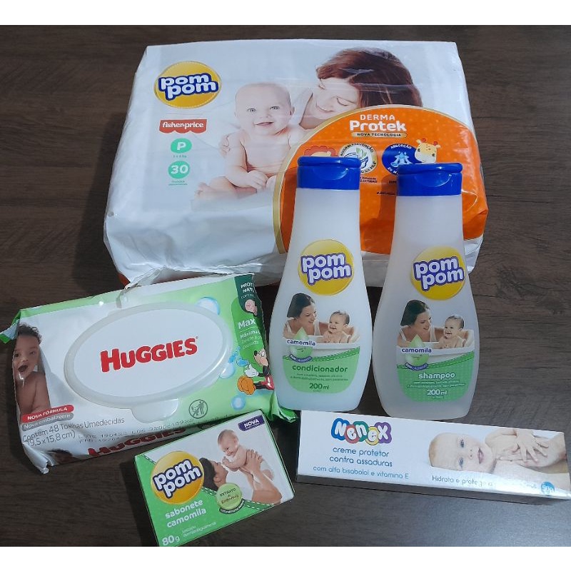 Kit Chá de Bebê, Fralda Pompom Derma Protek, Creme de Assadura Nenex., Lenço Umedecido Huggies,Sabonete Pompom, Shampoo e Condicionador da Pompom Camomila.