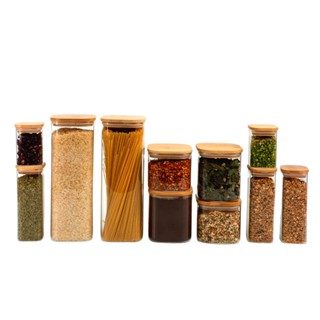 Kit pote hermético vidro quadrado tampa bambu 11 peças Oikos