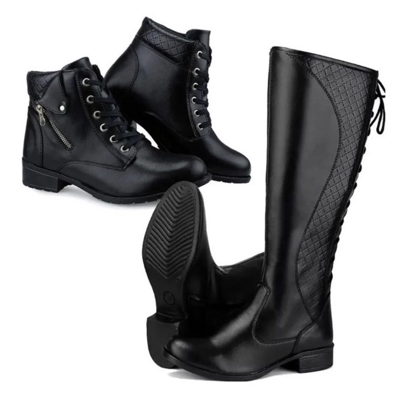 Kit 2 Pares Bota Coturno Feminina Cano Alto Cano Baixo Promoção