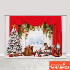Painel Fundo Fotográfico Natal Cenário Janela Decorada Em Tecido Sublimado para Foto