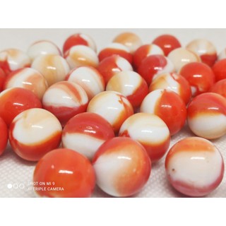 bolinha de gude, vidro, , fubeca para decoração branca com listra vermelha e laranja 50un 16mm DIÂMETRO