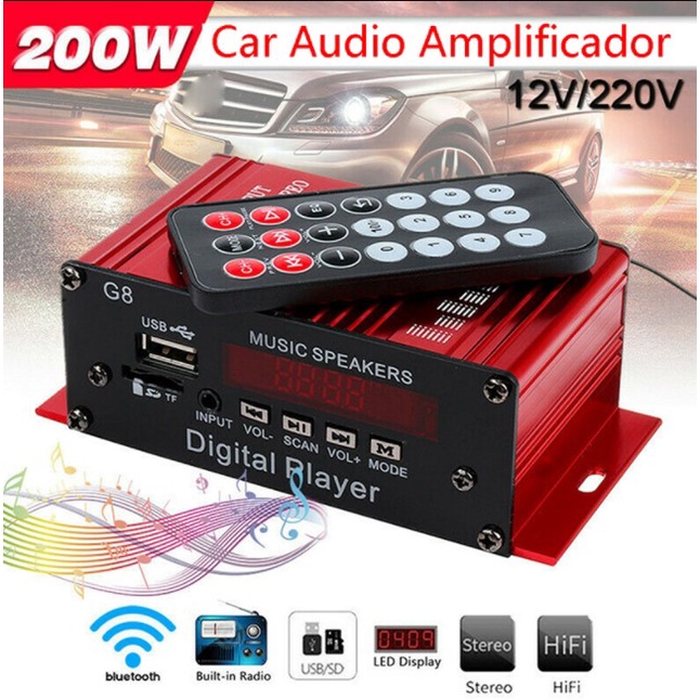 SEY G8 Carro 12V 200W 2 Canais Amplificador De Potência Digital Estéreo bluetooth AUX FM MP3