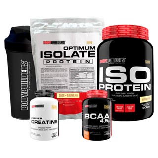 Kit Suplemento de Proteína Isolada Iso Protein 900g + Optimum Isolate Protein 900g + Power Creatina 100g + BCAA 4,5 100g + Coqueteleira - Desenvolvimento Muscular e Desempenho Atlético - Bodybuilders