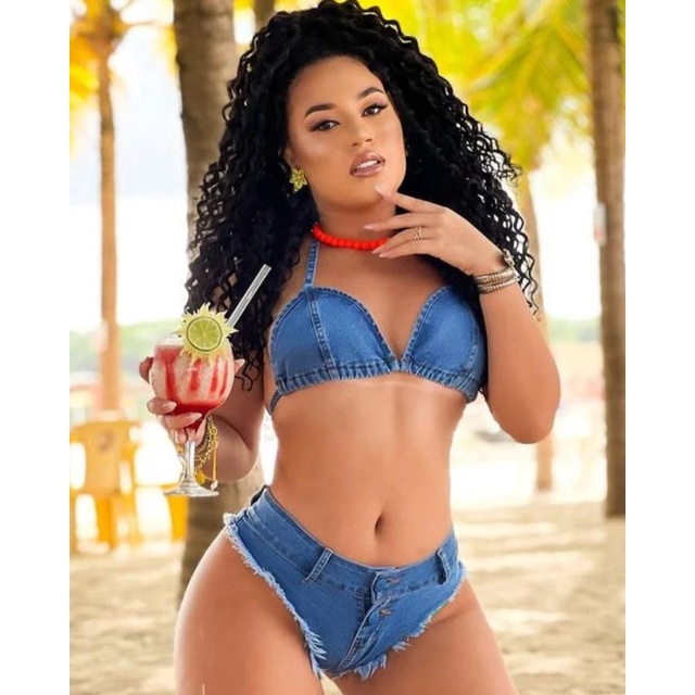 BIQUÍNI JEANS FEMININO QUERIDINHO DAS BLOGUEIRAS, TOP CORTININHA VERÃO 2023